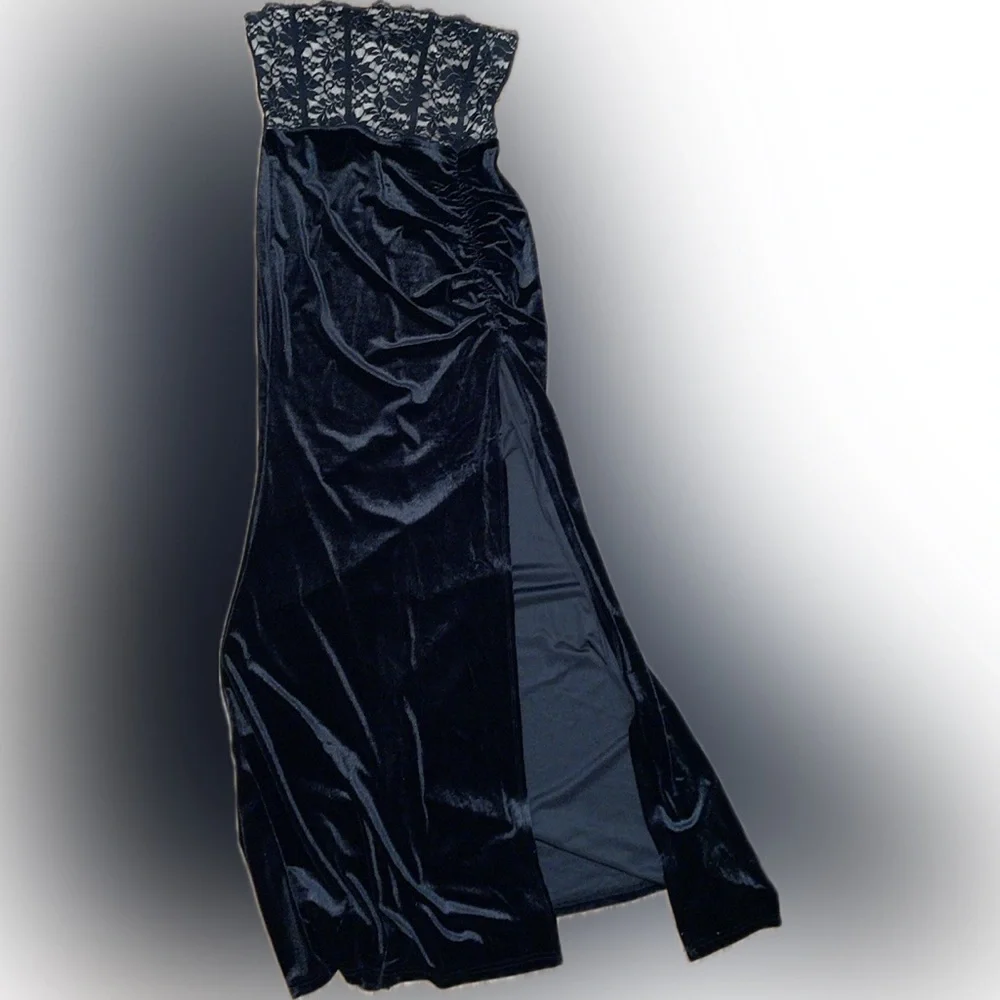 Windsor women’s size Large dress black nude lace velvet gown party maxi slit - Picture 2 of 10